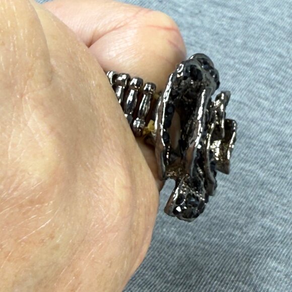 Adjustable Black Rhinestone Rose Flower Ring With Stretch Band Size 9 Women - Picture 15 of 16